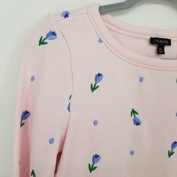 Talbots Embroidered Floral Sweatshirt XS Pullover Crew Neck Light Pink Coquette - Picture 4 of 10